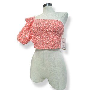 BILLABONG THE SALTY BLONDE Crop Top L Pink Floral Smock Asymmetric One Shoulder